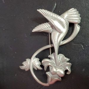 Vintage Signed LCD Hummingbird Floral Brooch Pin Pewter